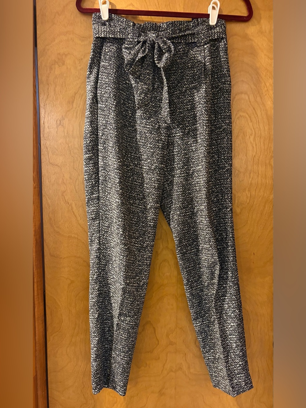 Women’s Black and White High Rise Marled Dress Pants with Tie Waist